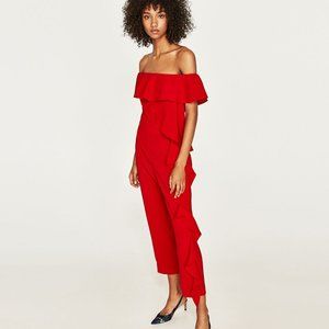 Zara Red Ruffles Off Shoulder Jumpsuit size S